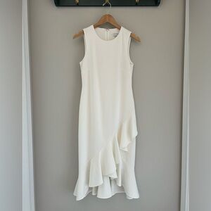 White Calvin Klein bridal shower rehearsal dinner sleeveless dress asymmetrical